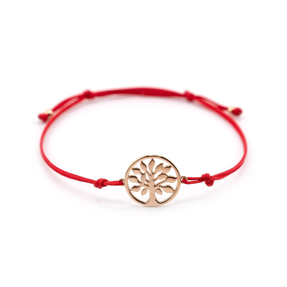 14K Rose Gold Tree Of Life Charm Red String Bracelet, Tree Of Life Red String Bracelet