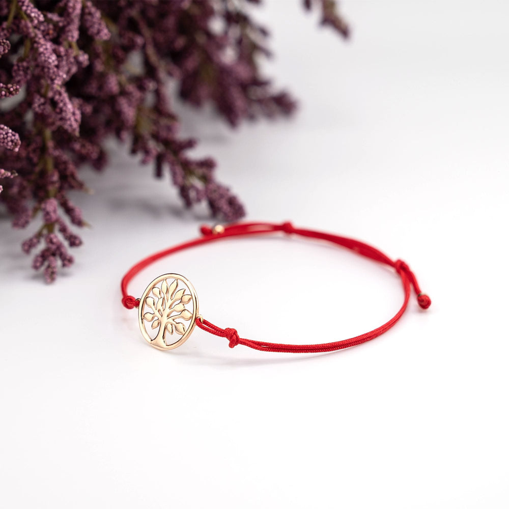 14K Rose Gold Tree Of Life Charm Red String Bracelet, Tree Of Life Red String Bracelet