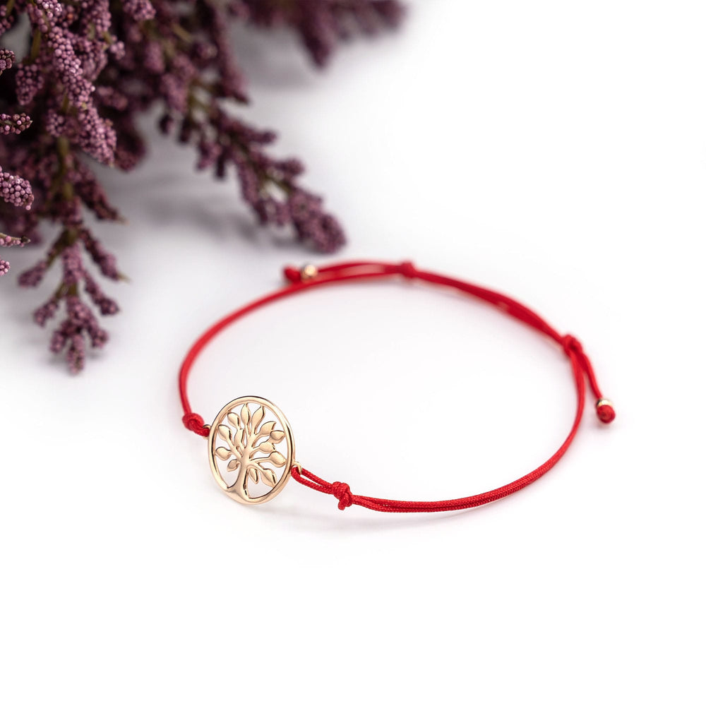 14K Rose Gold Tree Of Life Charm Red String Bracelet, Tree Of Life Red String Bracelet