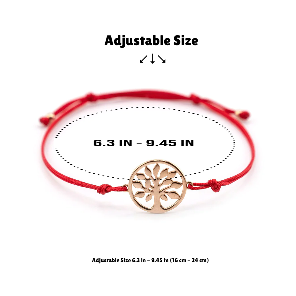 14K Rose Gold Tree Of Life Charm Red String Bracelet, Tree Of Life Red String Bracelet