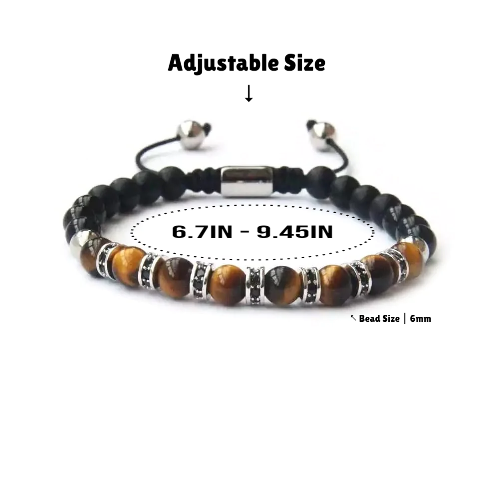 Black Onyx & Tiger Eye Bracelet, Tiger's Eye & Black Onyx Silver Color Steel Beads Bracelet