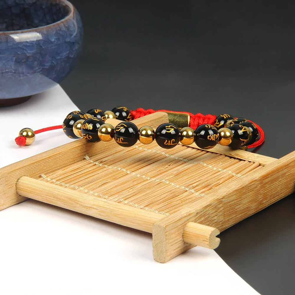 Obsidian & Gold Bead Feng Shui Bracelet, Red Macrame Bracelet