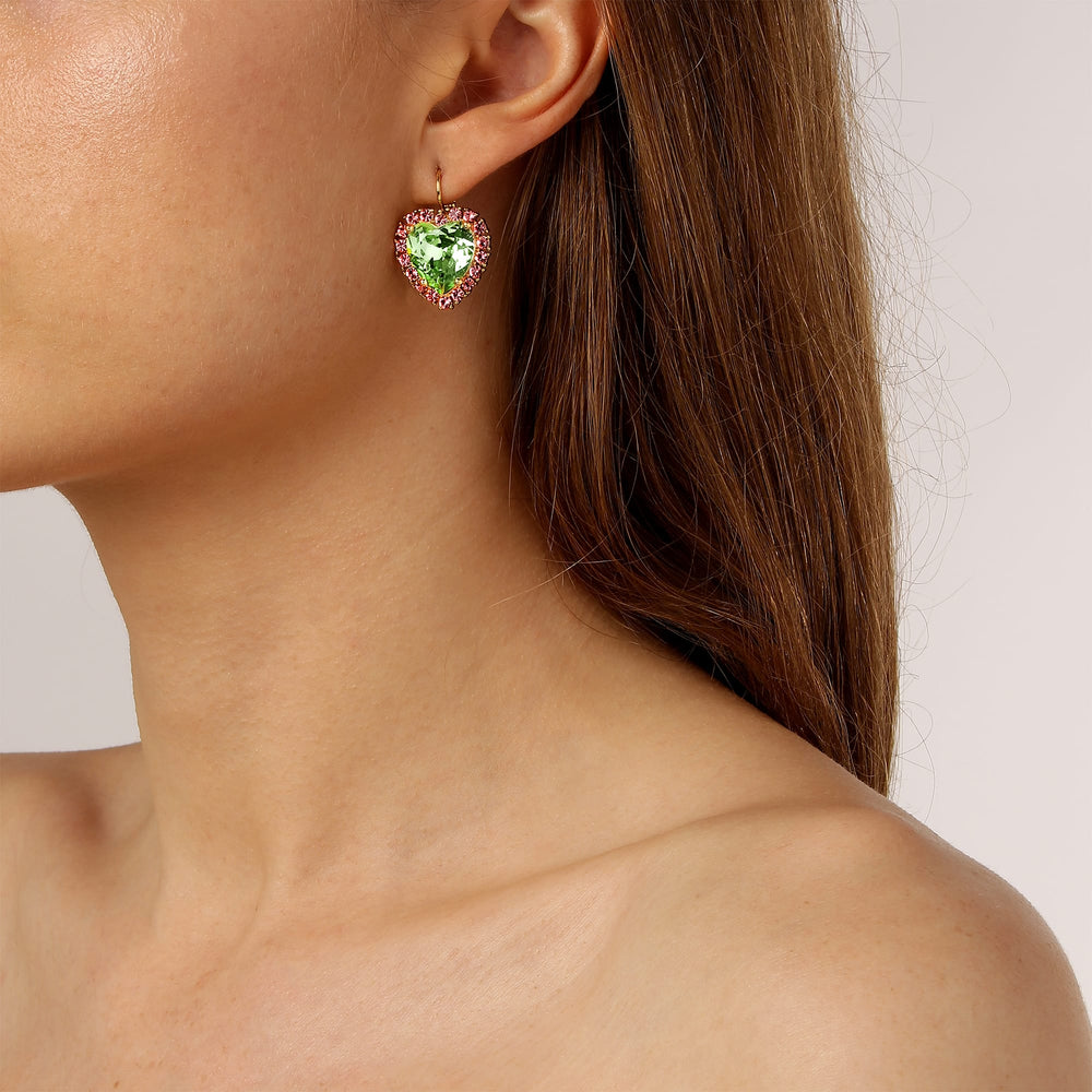 Peridot Heart And Pink Crystals Gold Earrings, Light Green Rose Quartz Crystals Heart Charm Hook Earrings