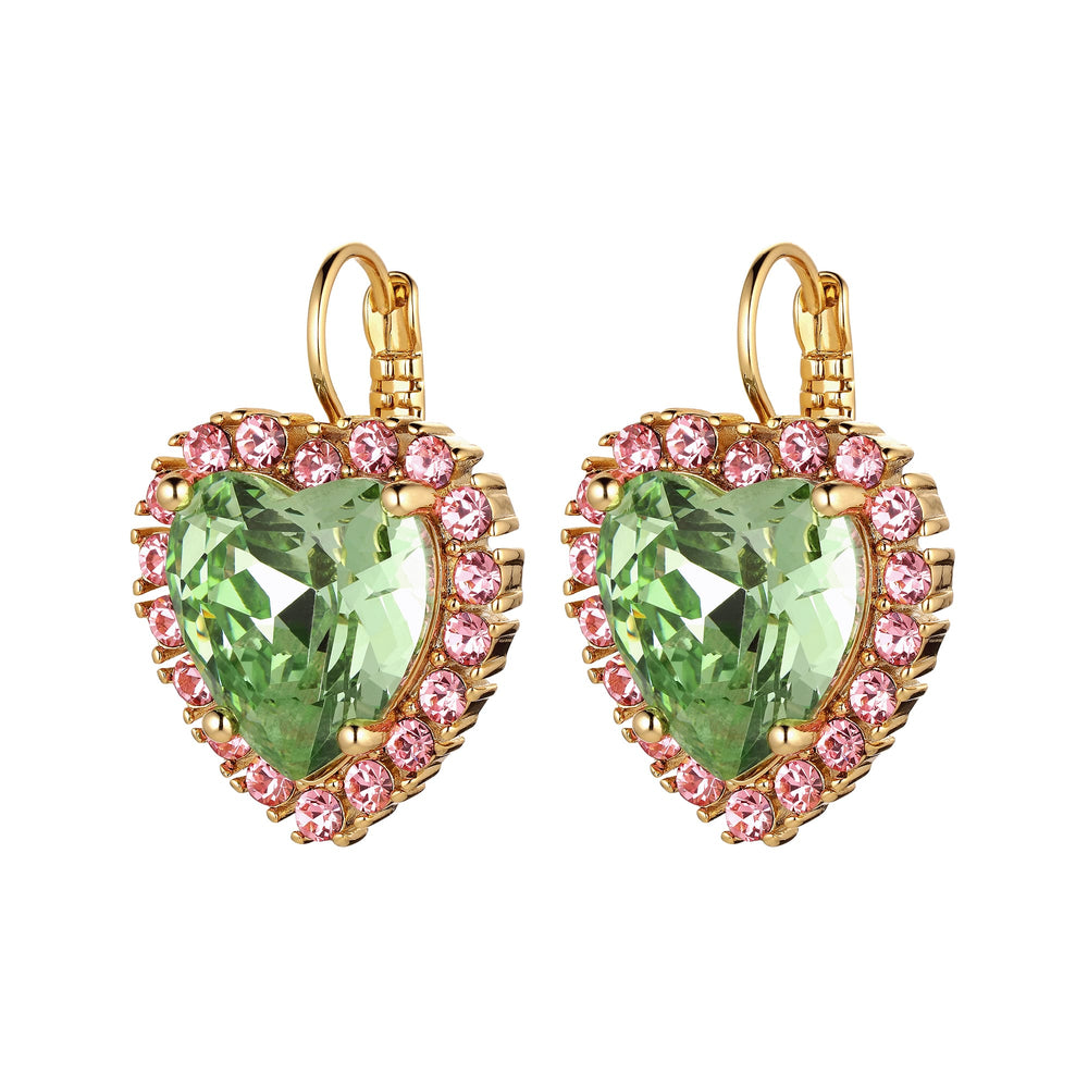 Peridot Heart And Pink Crystals Gold Earrings, Light Green Rose Quartz Crystals Heart Charm Hook Earrings