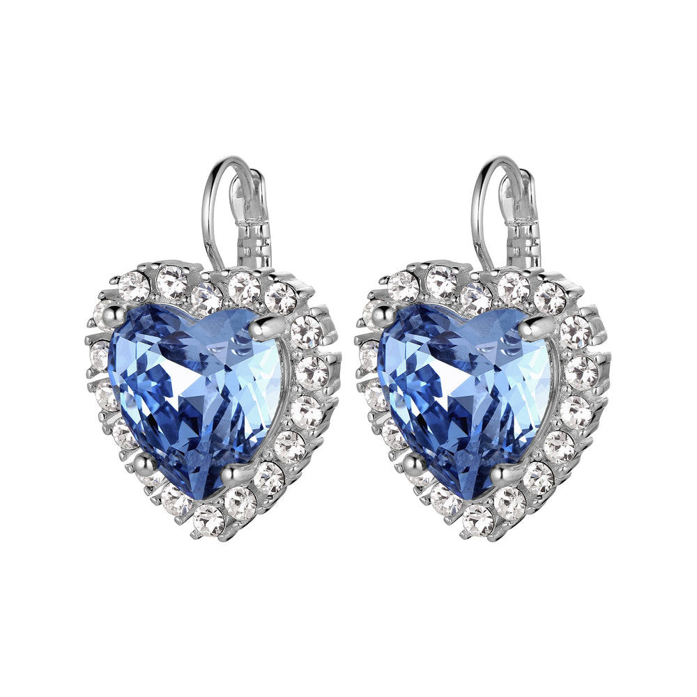Light Blue Heart And Clear Crystals Silver Earrings, Sterling Silver Plated Earring With One Heart Crystal Charm