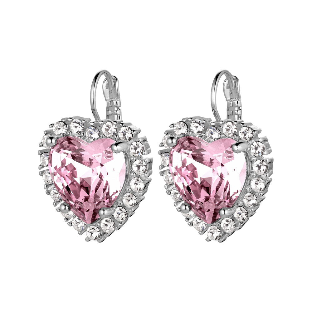 Light Rose Heart And Clear Crystals Silver Earrings, Rose Quartz Heart Charm Hook Earrings