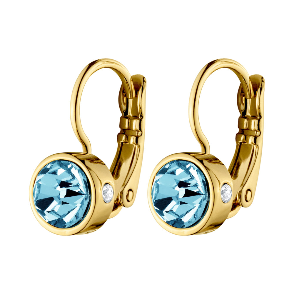 Aquamarine And Clear Crystal Hook Gold Earrings, Aquagreen Crystal Gold Hook Earrings