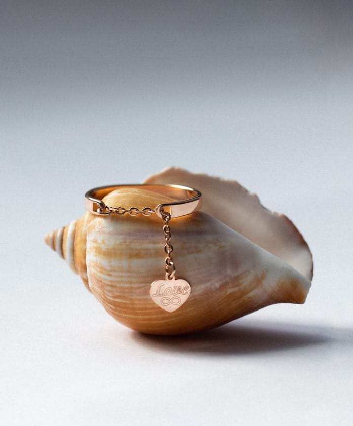 14K Rose Gold Ring With Dangling Heart Charm, Luxury Ring, Gift For Her