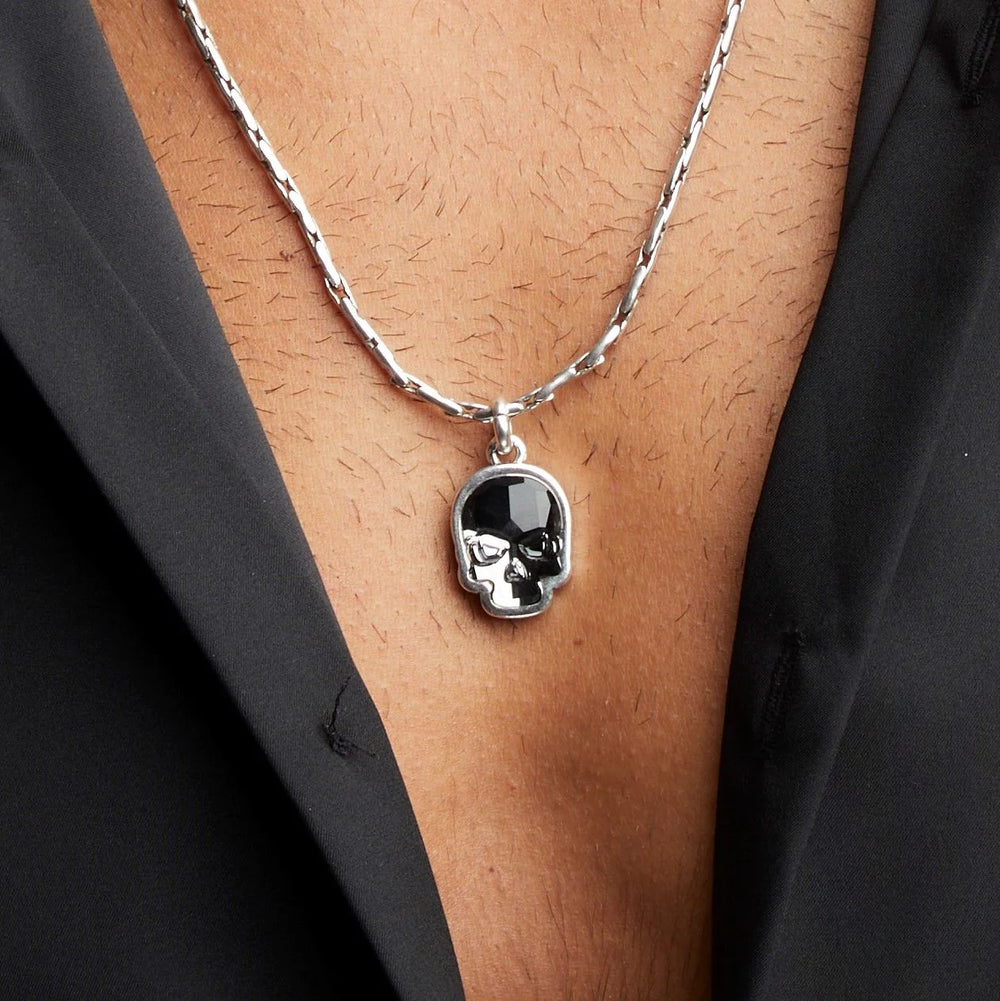 Sterling silver plated long oat chain necklace with a hanging big crystal skull charm