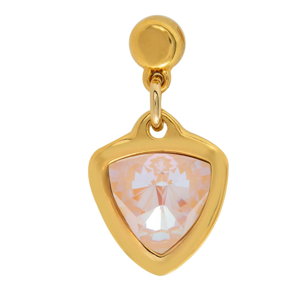 Gold plated stud earrings with triangle Rose Quartz crystal charm, Pink Topaz