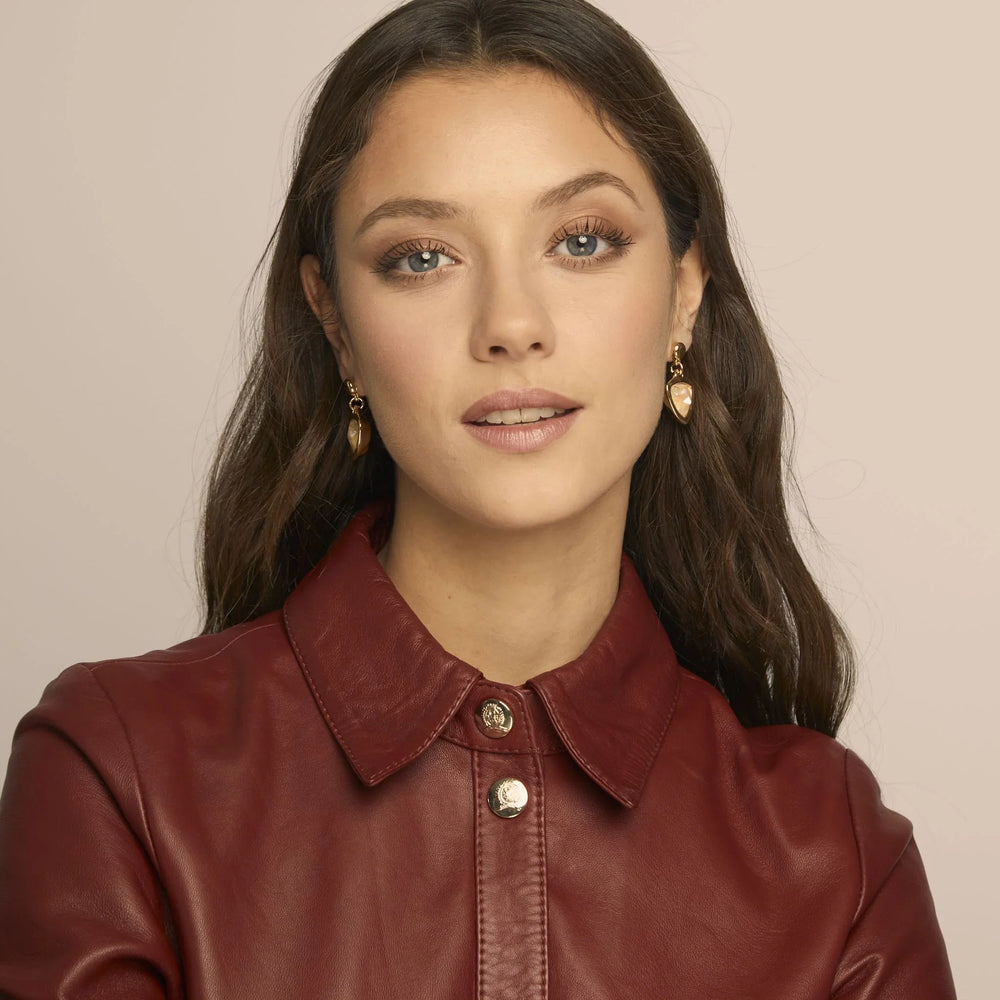 Gold plated stud earrings with triangle Rose Quartz crystal charm, Pink Topaz