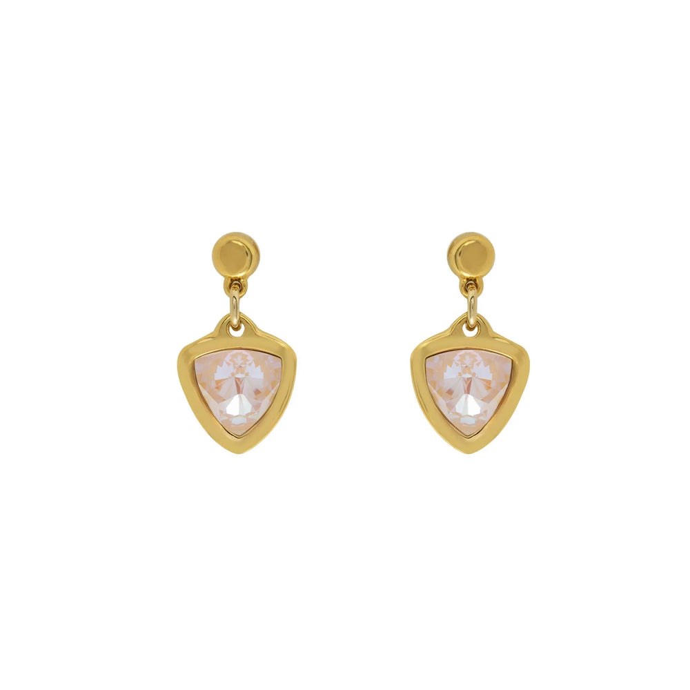 Gold plated stud earrings with triangle Rose Quartz crystal charm, Pink Topaz
