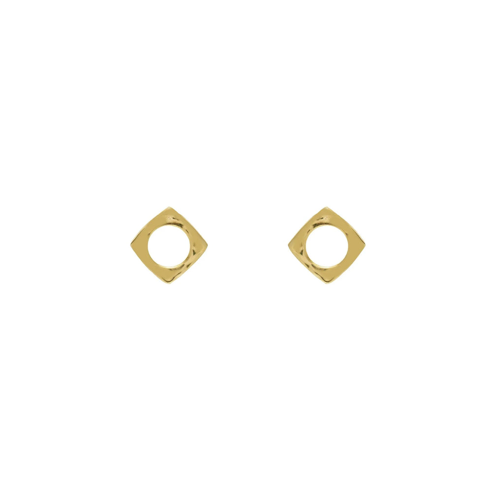 Gold plated square stud earrings with centre circle hole