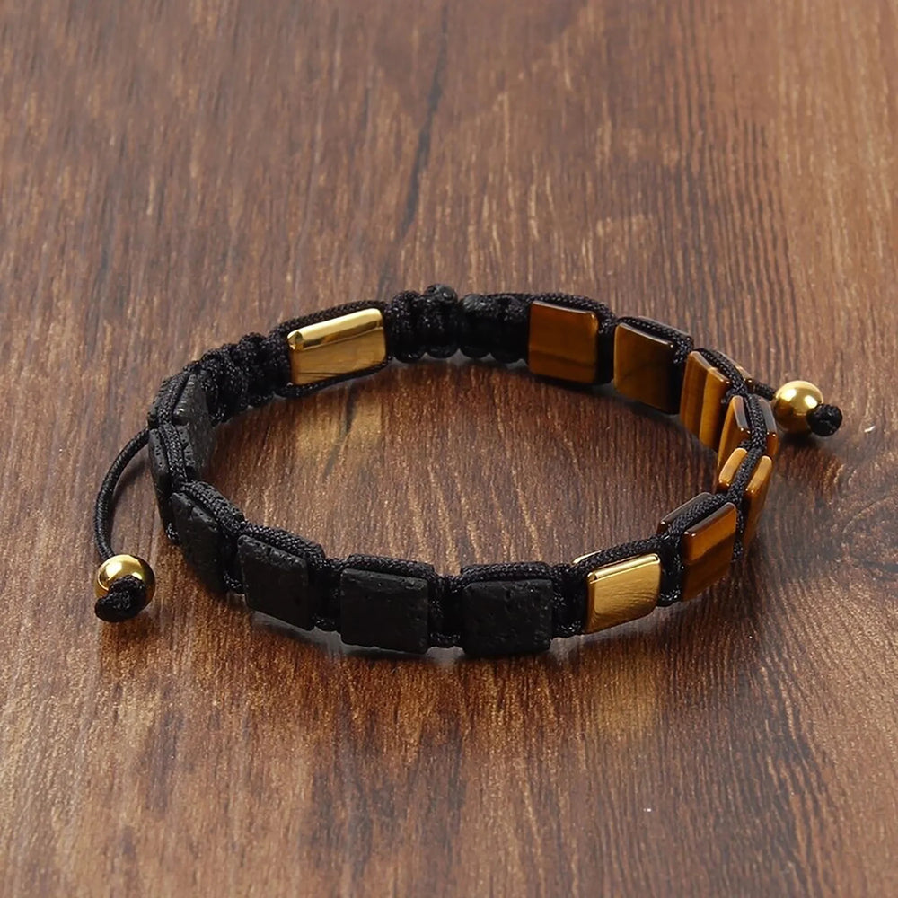 Tiger Eye & Lava Rock Bracelet, Lava Rock & Tiger Eye, Gold Square Bead Macrame Bracelet