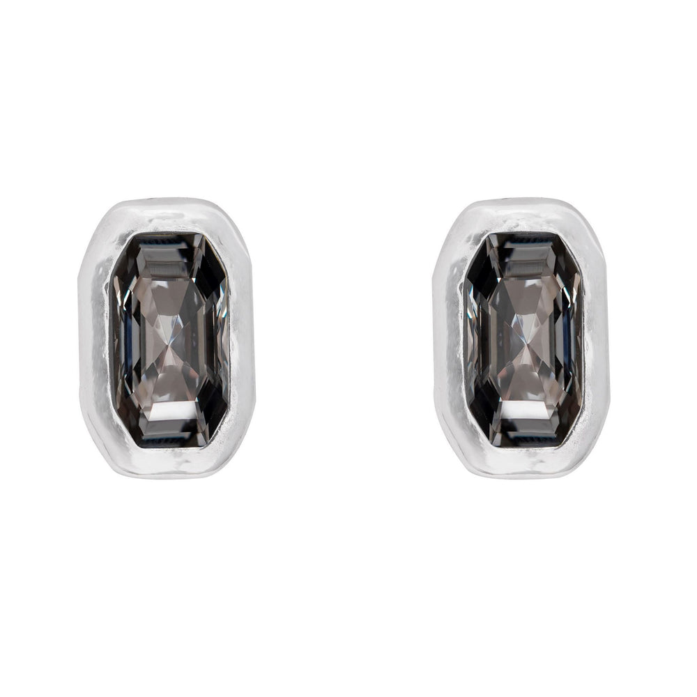 Silver Smoky Quartz Stud Earrings With Rectangle, Dark Grey Crystal