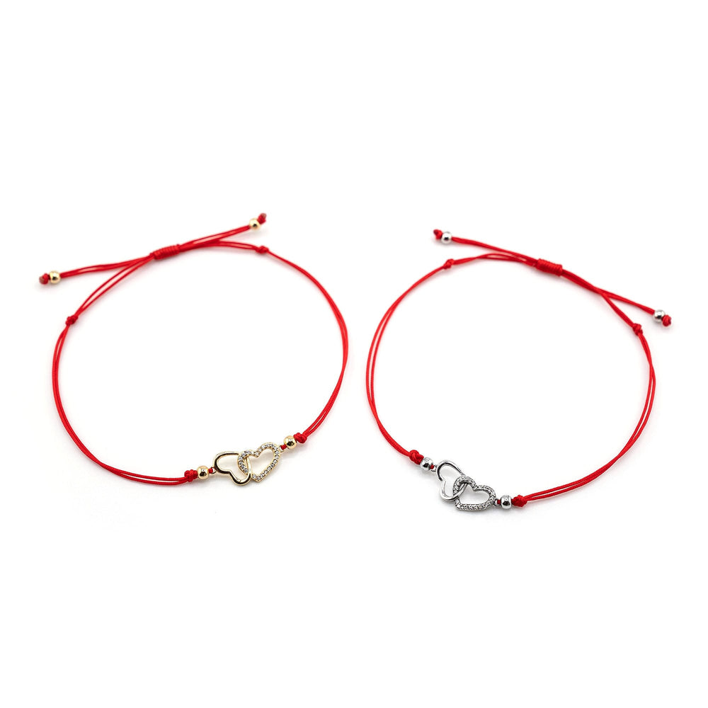 Hearts Bracelet Silver Charm, Double Heart Red String Bracelet