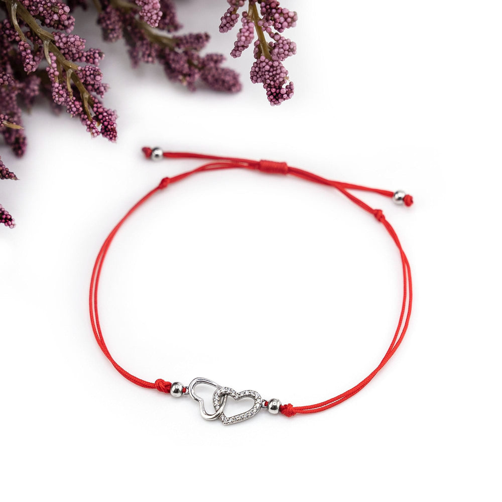 Hearts Bracelet Silver Charm, Double Heart Red String Bracelet