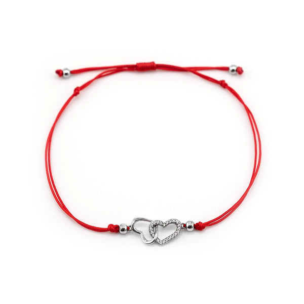 Hearts Bracelet Silver Charm, Double Heart Red String Bracelet