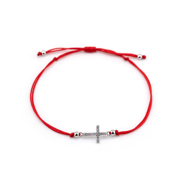 Silver Cross Charm Red String Bracelet