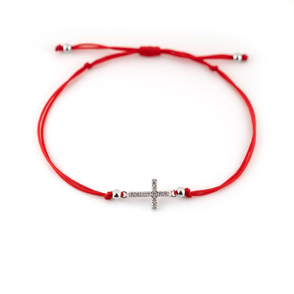 Silver Cross Charm Red String Bracelet