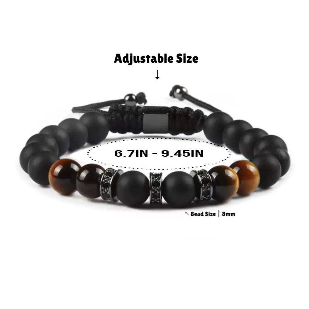 Black Onyx & Tiger Eye Bracelet, Matte Onyx Tiger's Eye & Black Color Steel Beads Bracelet