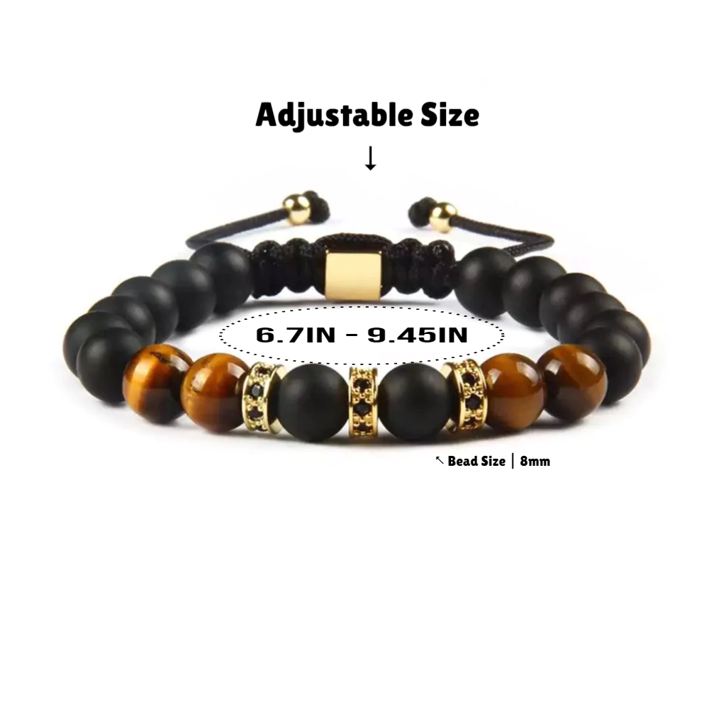 Black Onyx & Tiger Eye Bracelet, Matte Onyx Tiger's Eye & Gold Color Steel Beads Bracelet