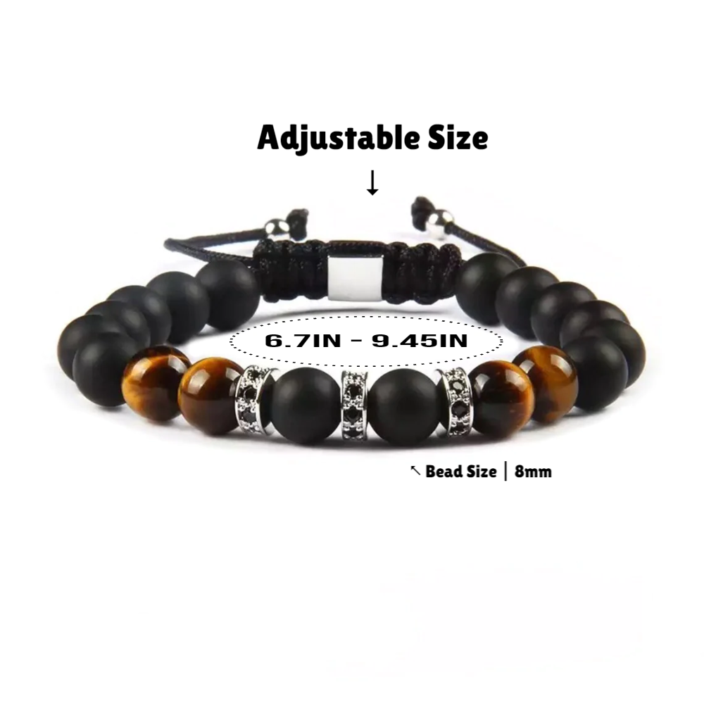 Black Onyx & Tiger Eye Bracelet, Matte Onyx Tiger's Eye & Silver Color Steel Beads Bracelet