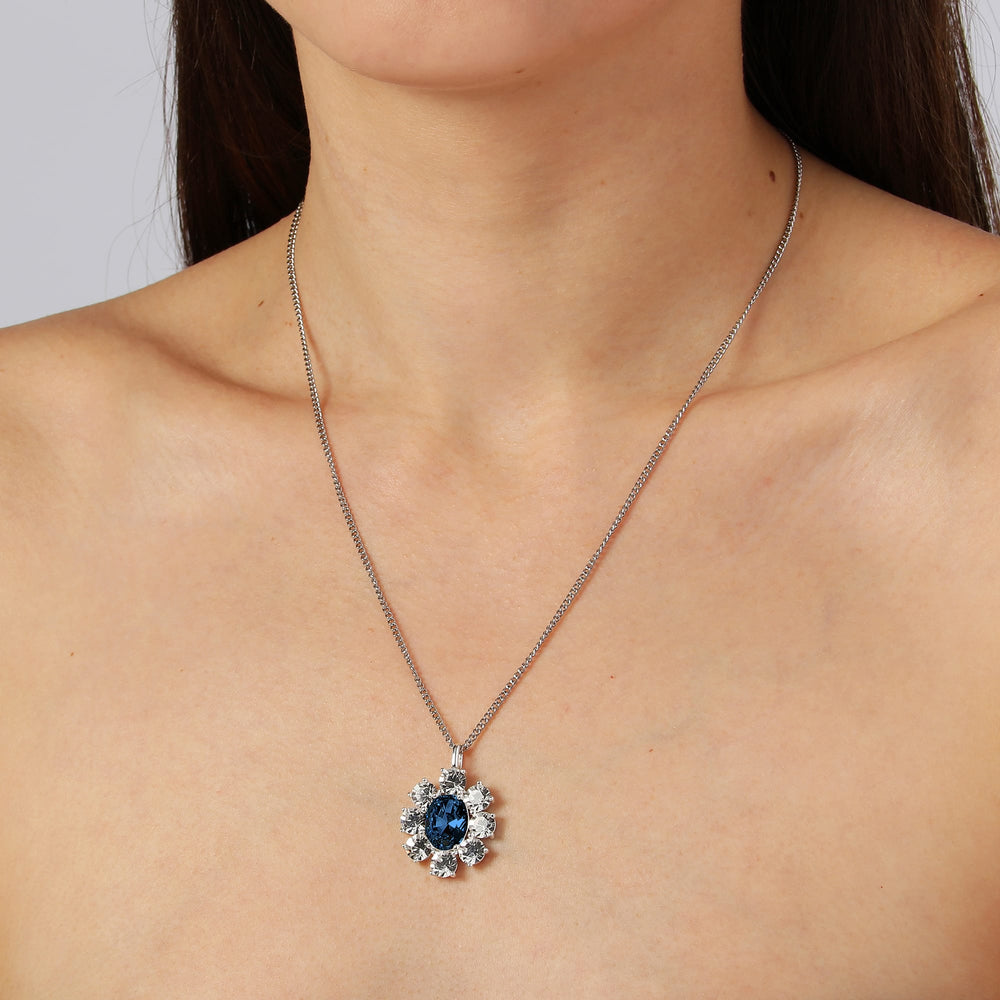 Floral Inspiration Dark Blue And Clear Crystals Silver Necklace, Blue White Crystal Flower Charm Necklace