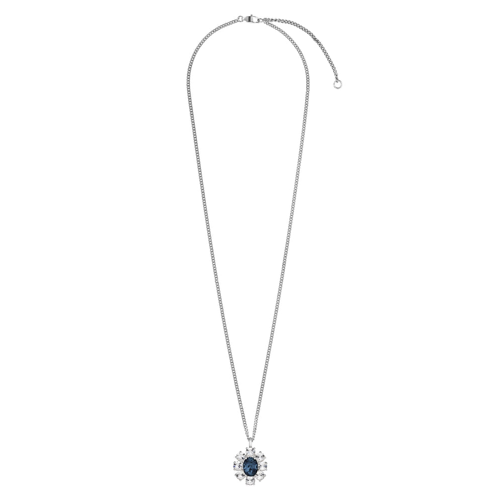 Floral Inspiration Dark Blue And Clear Crystals Silver Necklace, Blue White Crystal Flower Charm Necklace