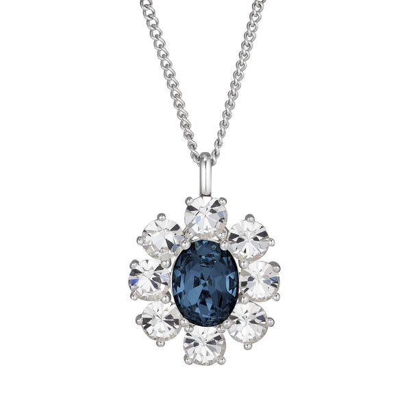 Floral Inspiration Dark Blue And Clear Crystals Silver Necklace, Blue White Crystal Flower Charm Necklace