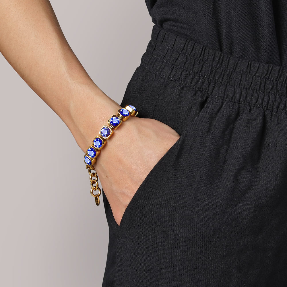 Sapphire Blue Crystal Bracelet, Gold Plated Chunky Blue Tennis Bracelet