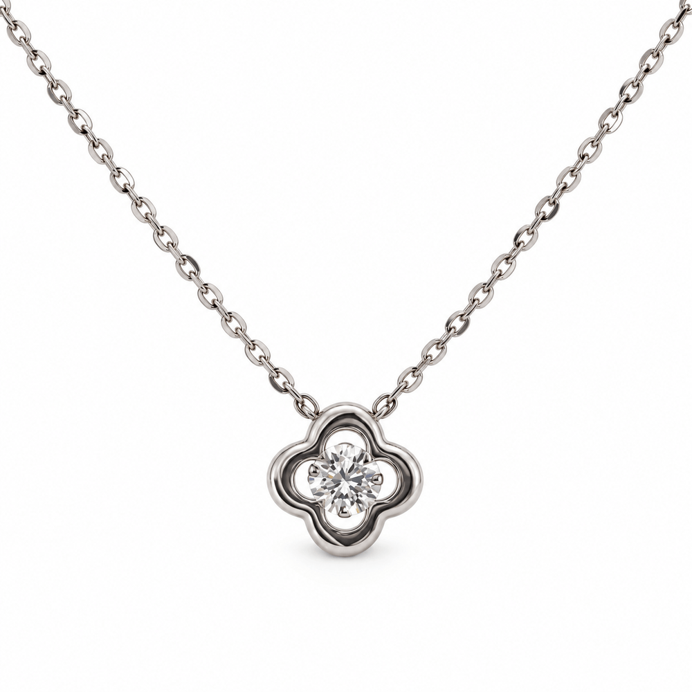 14K Solid White Gold Clover Necklace with Cubic Zirconia, Dainty Pendant Necklace, Gift for Her