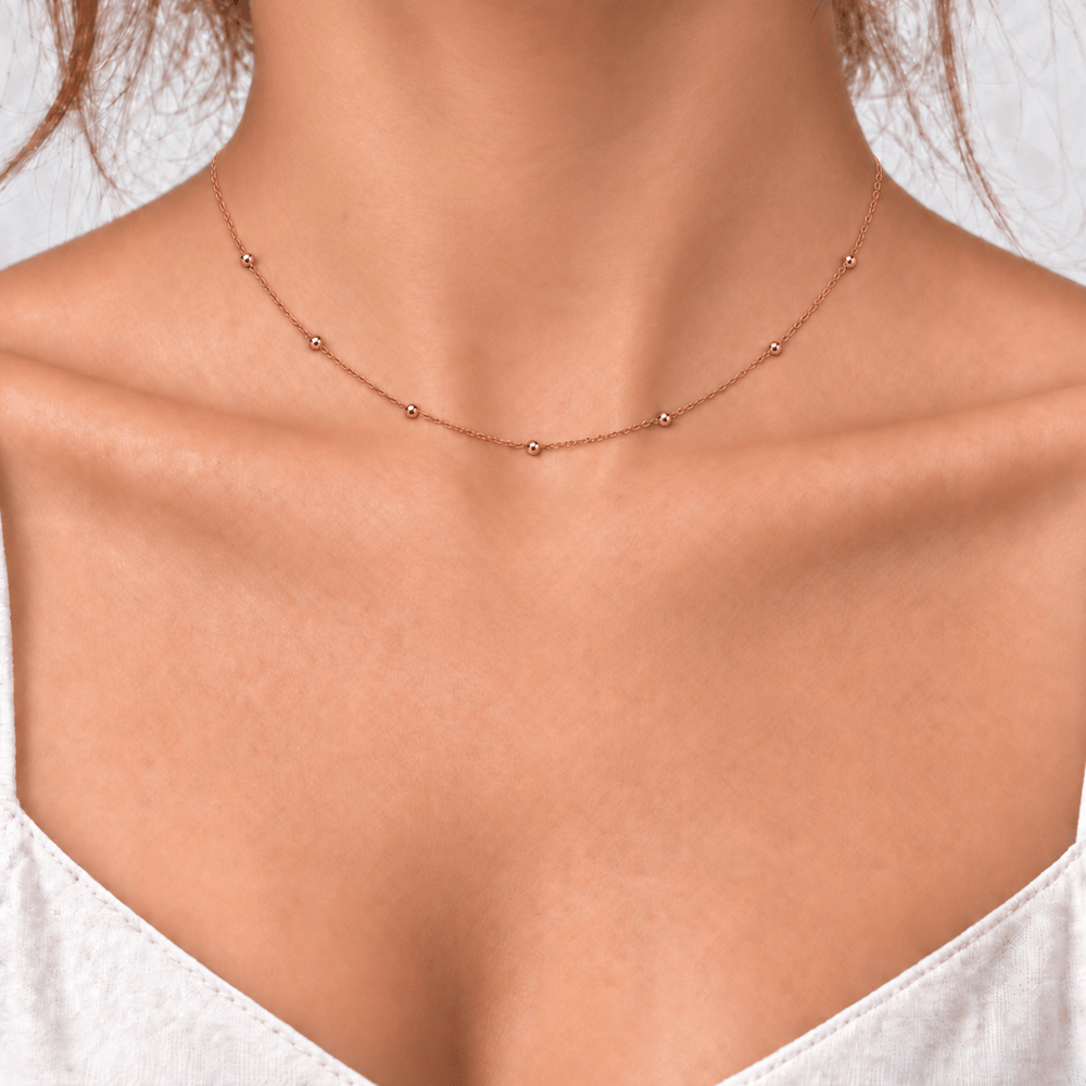 14K Solid Rose Gold Beaded Necklace, Dainty Ball Chain Necklace, Best Gift For Her