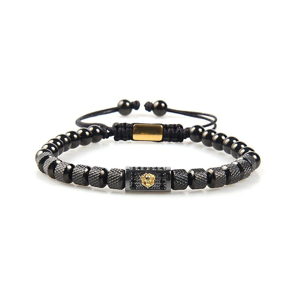 Gold Lion Bracelet, Black Steel Beads With Cubic Zirconia Bracelet