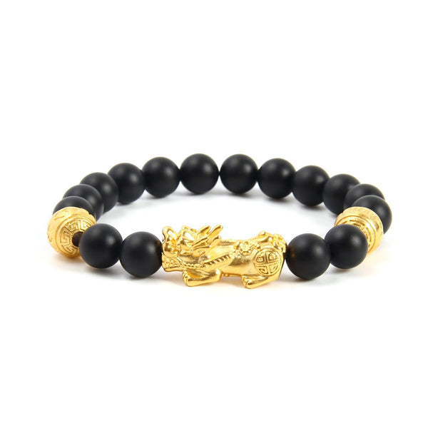 Matte Onyx Feng Shui Bracelet, Gold Pixiu Wealth Bracelet