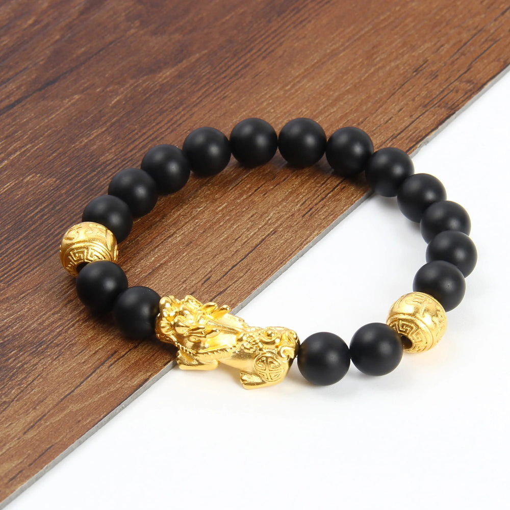 Matte Onyx Feng Shui Bracelet, Gold Pixiu Wealth Bracelet