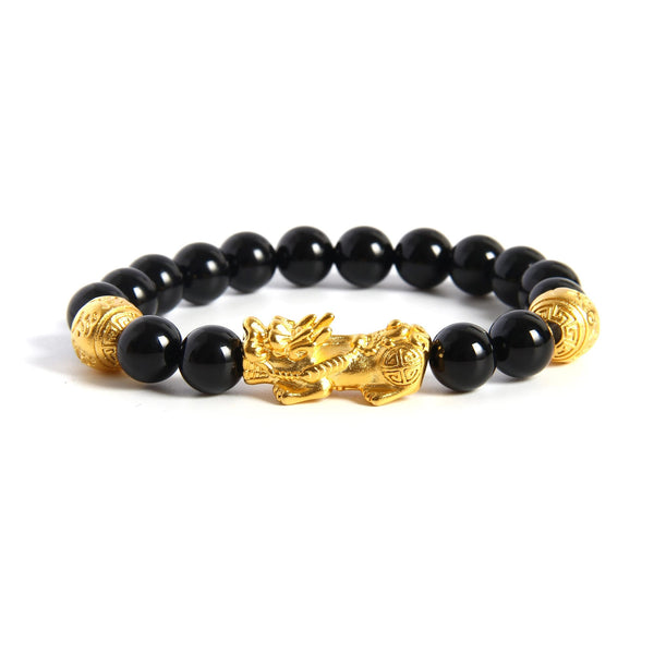 Black Onyx Feng Shui Bracelet, Gold Pixiu Wealth Bracelet