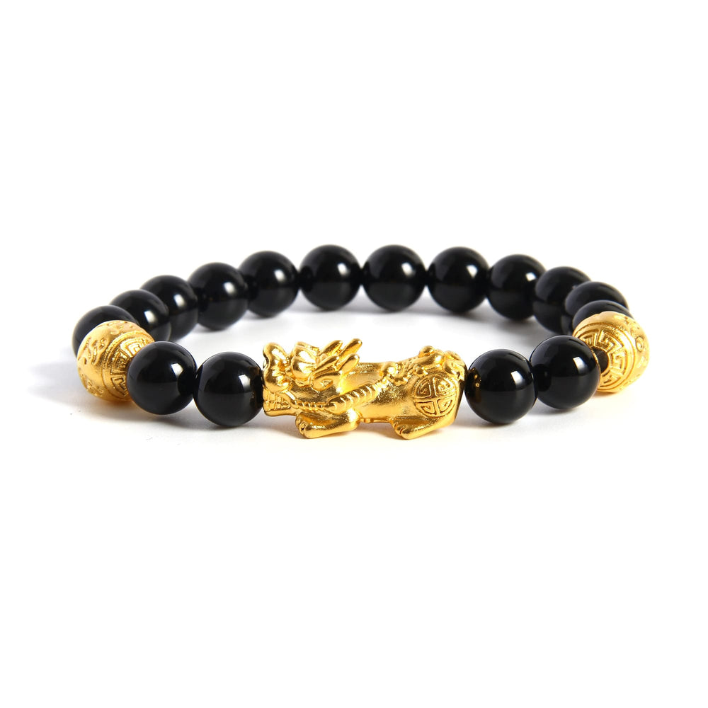 Black Onyx Feng Shui Bracelet, Gold Pixiu Wealth Bracelet