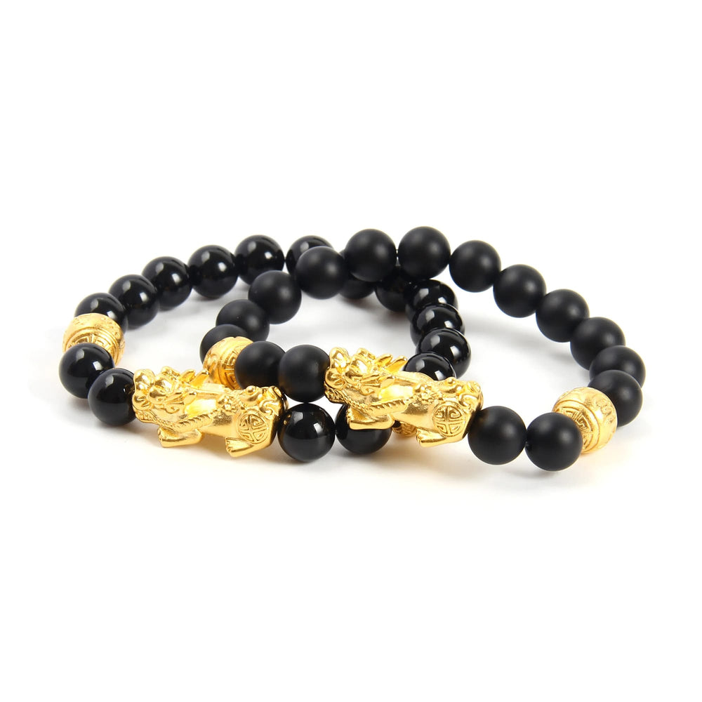 Matte Onyx Feng Shui Bracelet, Gold Pixiu Wealth Bracelet