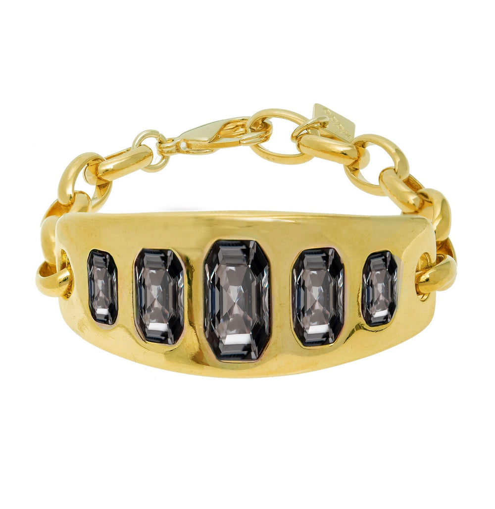 Gold Plated chain bracelet with central plaque with five different size crystals