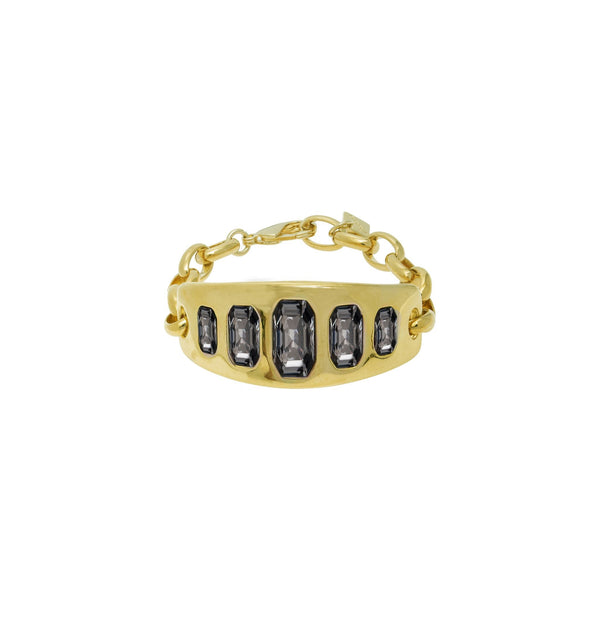 Gold Plated chain bracelet with central plaque with five different size crystals