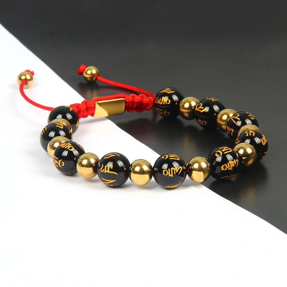 Obsidian & Gold Bead Feng Shui Bracelet, Red Macrame Bracelet