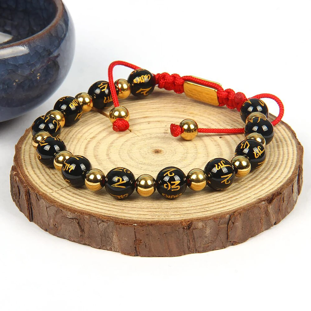 Obsidian & Gold Bead Feng Shui Bracelet, Red Macrame Bracelet