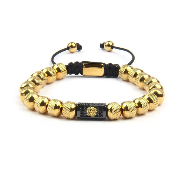 Gold Lion Bracelet, Gold Color Steel Beads With Cubic Zirconia Bracelet