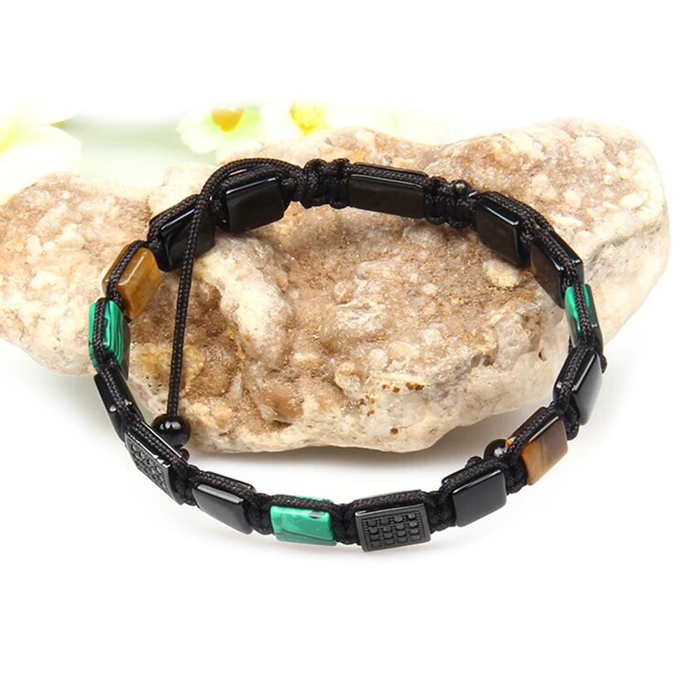 Malachite, Onyx, Tiger Eye Bracelet, CZ & Onyx Square Bead Macrame Bracelet