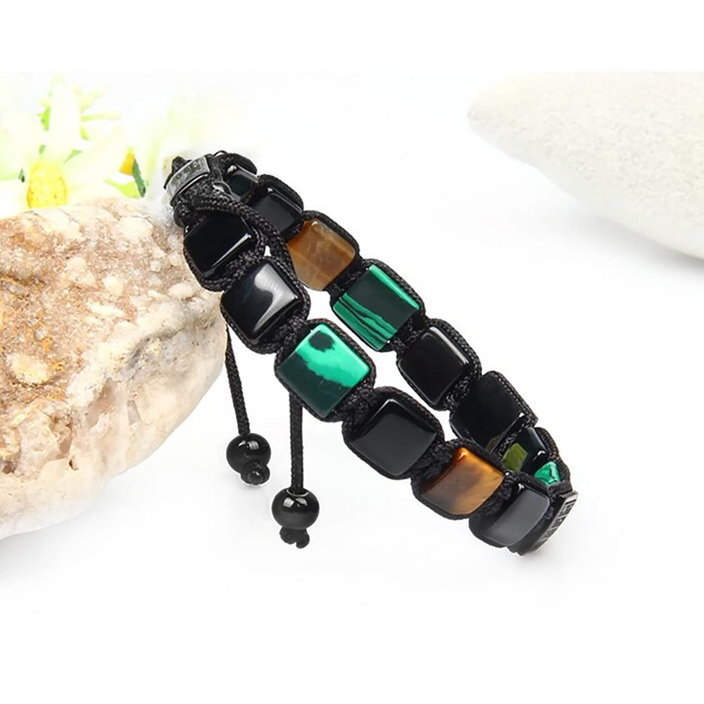 Malachite, Onyx, Tiger Eye Bracelet, CZ & Onyx Square Bead Macrame Bracelet