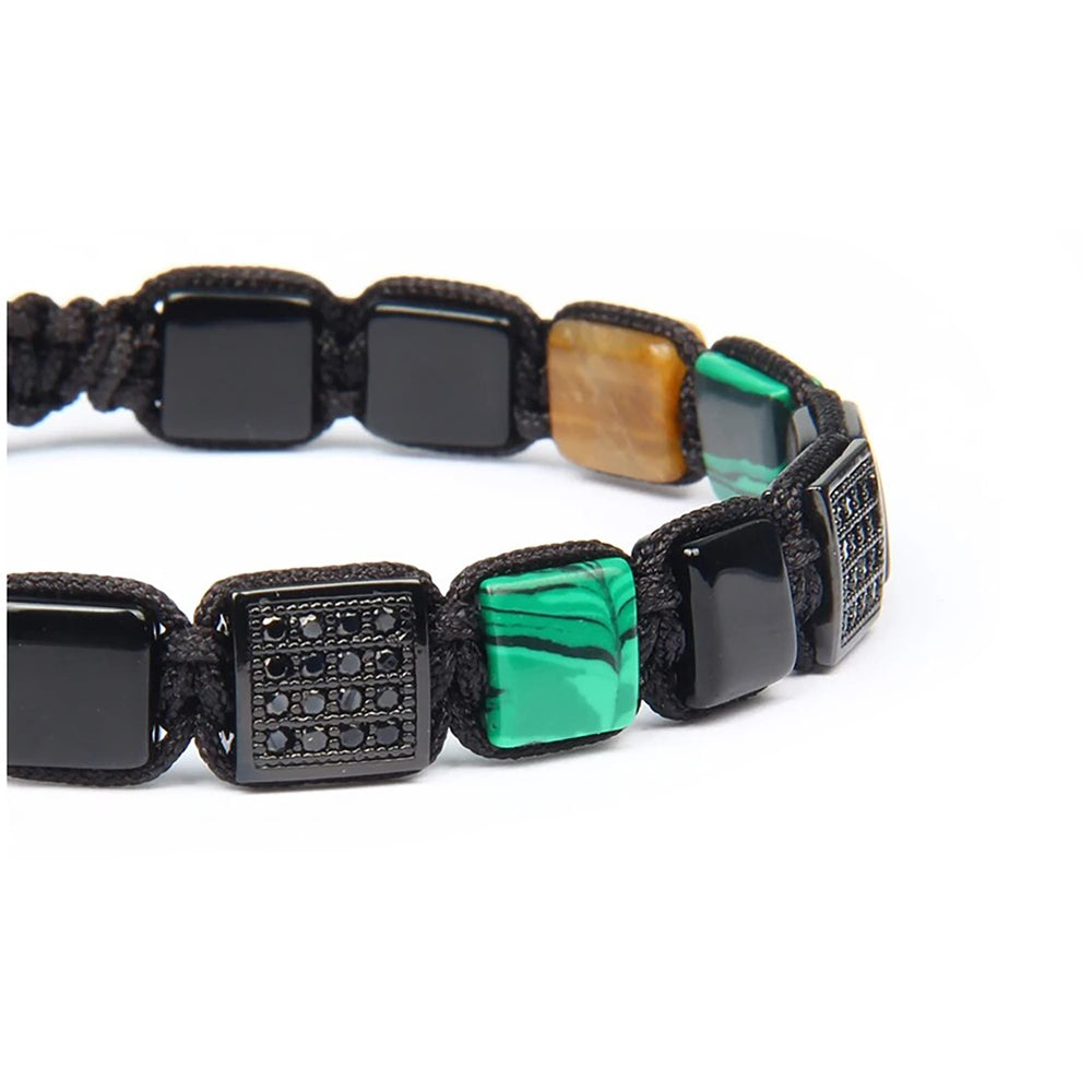 Malachite, Onyx, Tiger Eye Bracelet, CZ & Onyx Square Bead Macrame Bracelet