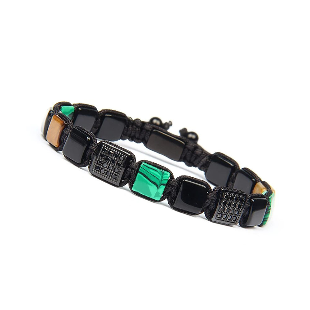 Malachite, Onyx, Tiger Eye Bracelet, CZ & Onyx Square Bead Macrame Bracelet