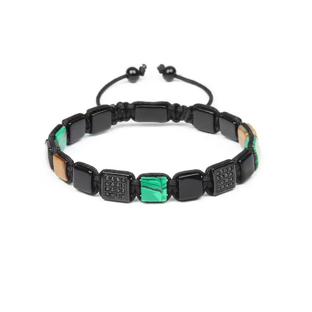 Malachite, Onyx, Tiger Eye Bracelet, CZ & Onyx Square Bead Macrame Bracelet