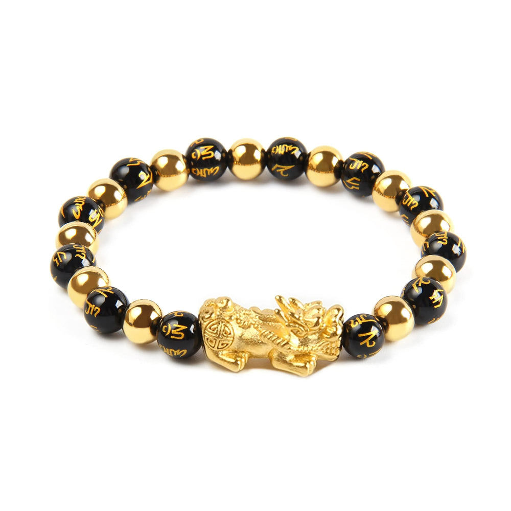 Obsidian & Gold Bead Feng Shui Bracelet, Gold Pixiu Wealth Bracelet